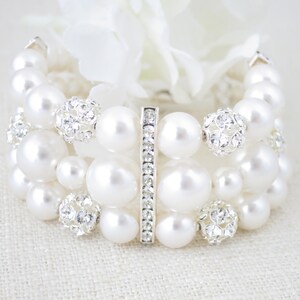 Statement rhinestone cuff bracelet, Glamorous multi strand pearl bridal cuff, Swarovski wedding bracelet, Mother of Bride jewelry