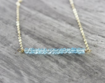 Sky Blue Topaz Necklace, Gemstone Bar Necklace, Gold Fill Necklace, Light Blue Necklace, Topaz Gemstone Necklace, Simple Beaded Necklace