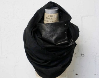 black linen & leather scarf, Unique Scarves, Fashion Accessories, Cool, Holiday Gifts, artlab brooklyn