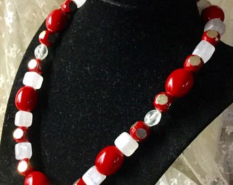 Bright Vibrant Red White Lucite Bead Necklace Single Strand Unsigned 1980's 1990's Choker Length Square Round Oval Shaped Beads