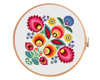 Polish wycinanki flowers - modern cross stitch pattern - pillow flower cross stitch pattern geometric red polish wycinanki summer