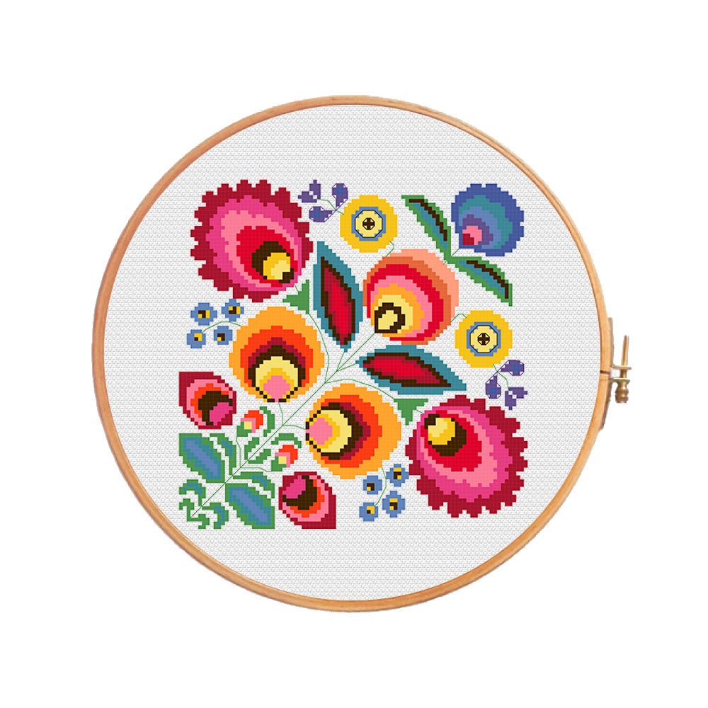 Polish wycinanki flowers modern cross stitch pattern