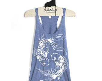 Small- Triblend Periwinkle Racerback Tank with Branch Trees Screen Print