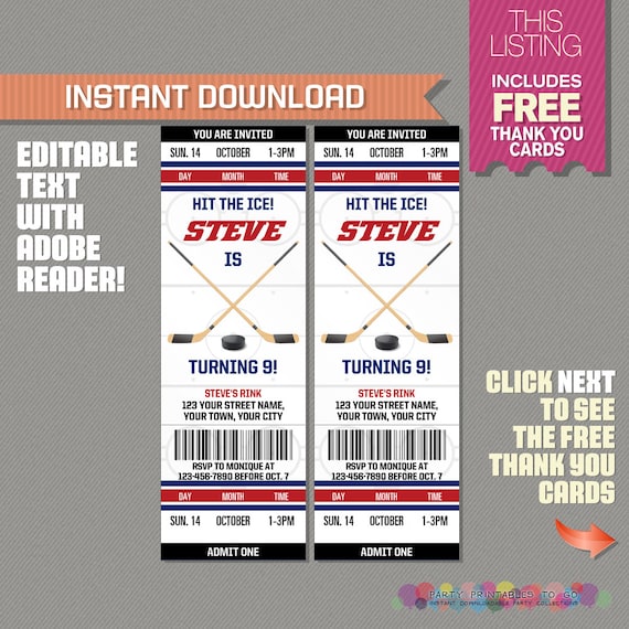 Ice Hockey Ticket Invitation with FREE Thank you Card Ice