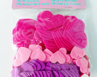 200 heart stickers in red purple pink felt 3 sizes sticker felt