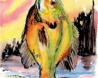 ORIGINAL Fish Watercolor Painting 7.5 X 10.5 Art Bluegill by Barry Singer