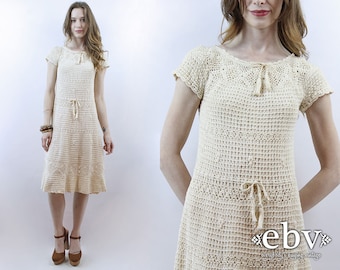 Cream Crochet Dress Hippie Dress Hippy Dress Festival Dress Hippie Wedding Dress Boho Dress Knit Dress 1970s Dress 70s Dress Lace Dress XS/S