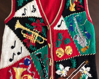 Fabulous Vintage Ugly Christmas Sweater Vest, Musical Themed, Gold Instrument Buttons, Men's Or Woman's M-L, Tacky!