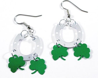 Lucky Horseshoe Earrings Green Shamrocks Dangle St Paddy's Day Earrings Plastic Sequin Jewelry