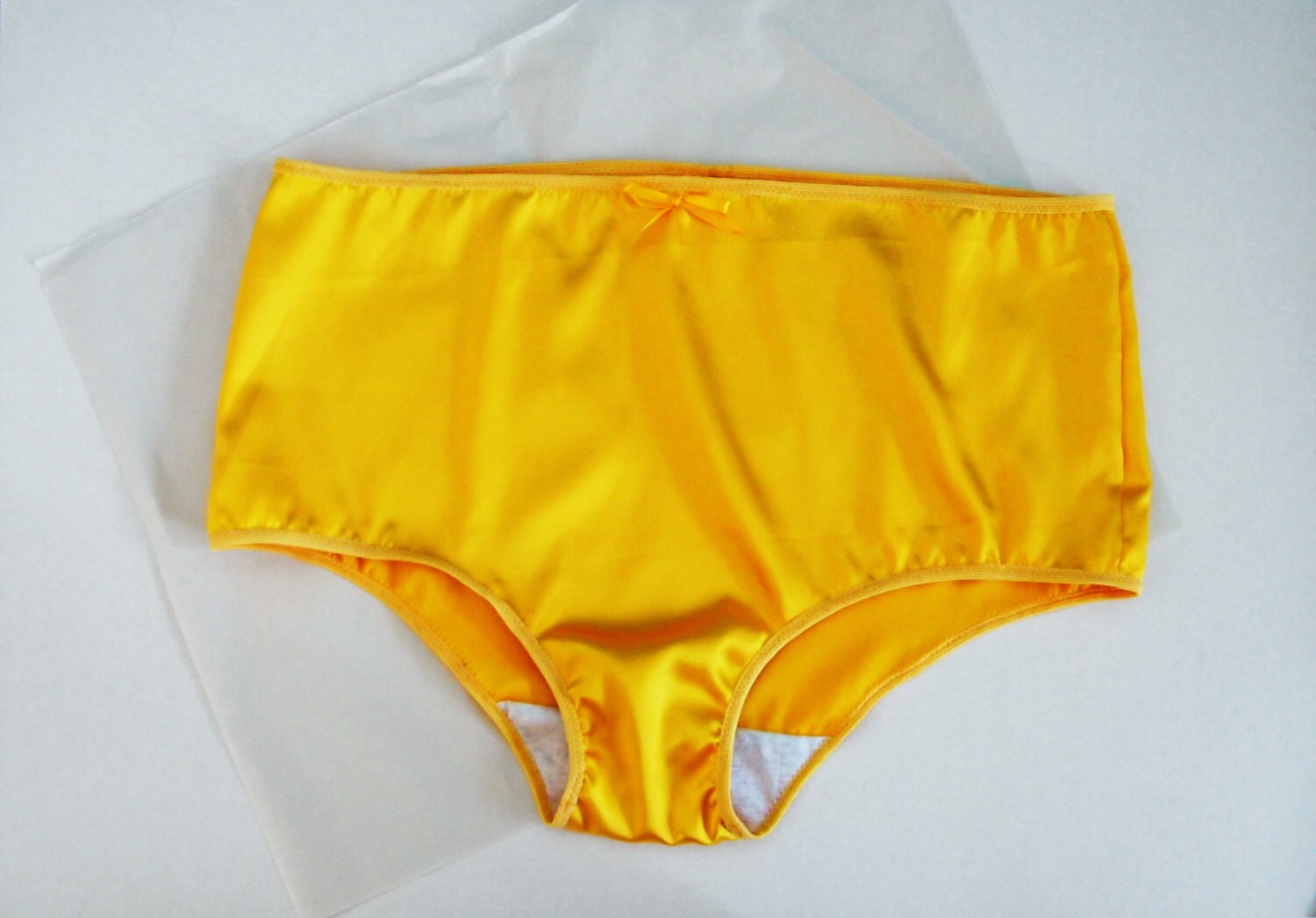 Yellow Satin Knickers Natural Waist with Briefs Style Leg