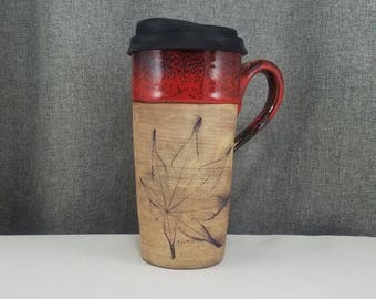 IN STOCK** Pottery Travel mug / Commuter mug with silicone lid - Leafs - Candy Red - Leafs