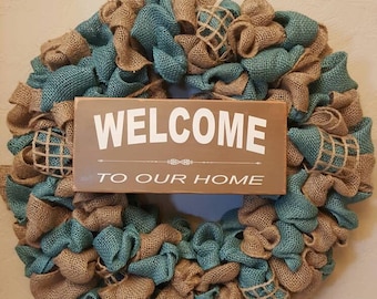 Welcome to our Home teal and tan