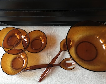 Lucite Salad Bowl Serving Bowl Set and Utensils 7 Pieces Amber Mid Century Dining Vintage Retro MCM