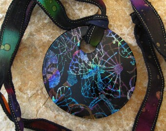 Dichroic Glass Donut Pendant with Hand Painted Silk Ribbon, Round Fused Glass Pendant, Dichroic Fused Glass Pendant - Oriental Butterfly