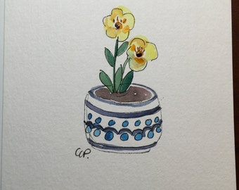 Yellow Blooms Blue Pottery Watercolor Card / Hand Painted Watercolor Card