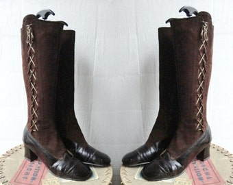 Brown 60s Vintage Suede/Patent Leather GoGo Boots // Lace Up // Size 39