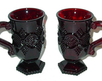 Avon Ruby Cape Cod 1876 Collection Ruby Glass Mugs (2) Sandwich Glass, Ruby Red