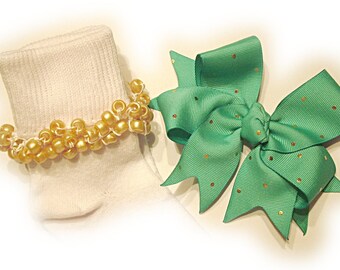 Kathy's Beaded Socks - Tropic with Gold Dots Socks and Hairbow, holiday socks, pony bead socks, gold socks, pearl socks, holiday socks