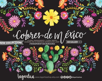 Mexican Watercolor Floral clipart, PNG, mexican party, flowers, folk clip art, hand painted, cinco de mayo, colorful