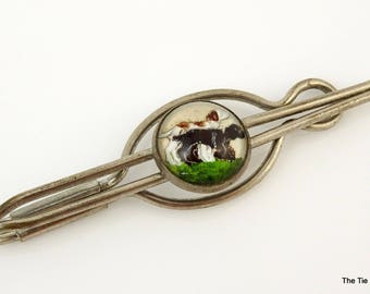 Vintage 1930s Tie Bar Clip Reverse Painted Dogs