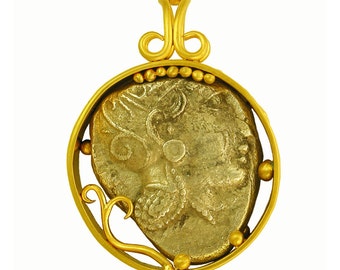 450bc Greek Athena/Owl Pendant set in 22k gold