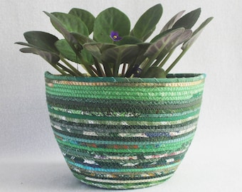 Rope Coiled Boho Basket / Fabric wrapped clothesline basket / Plant Pot / Eco Green Large Round by PrairieThreads