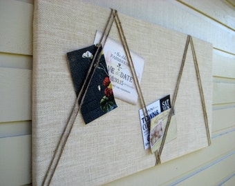 Bulletin Board White burlap with an accent of natural jute twine in a chevron pattern, memo board for your office, bedroom or kitchen