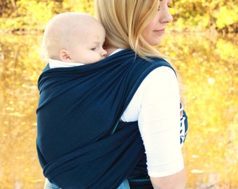 Baby Carrier Hybrid Stretch Wrap - Navy Blue - Front & Back Carries- Instructional DVD Included - Comfortably Carry Newborn To Toddler