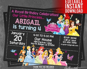 Disney Princess Invitation Instant Download, Disney Princess Editable Invitation, Disney Princess Birthday Invites, Free Thank You Tags