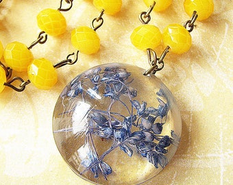 Resin Jewelry Real Flower Necklace Resin Necklace Real Flower Jewelry Yellow Necklace Blue Baby Breaths