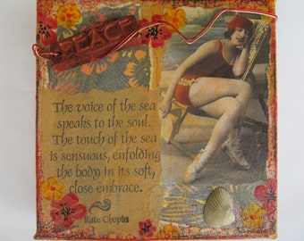 Painting Beach Vintage Girl Mixed Media Coastal Decor