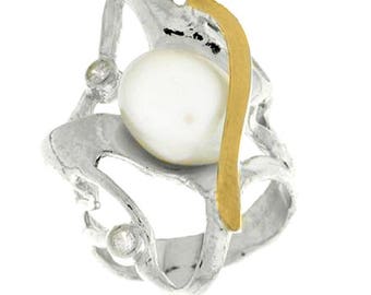 Silver and Gold ring, Pearl + Clear CZ Ring, Womens silver ring, Unique silver ring, handmade