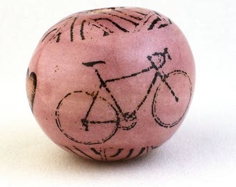 Bike Bead, Heart Bead, stoneware beads, flower beads, Iron Oxide beads, decal beads, focal beads, artist beads, artisan beads, graphic beads