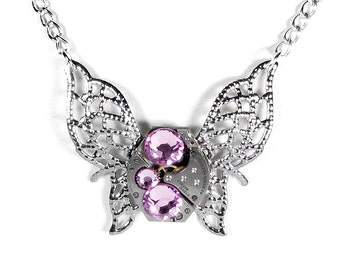 Steampunk Jewelry Necklace Vintage Watch Silver Filigree BUTTERFLY Pink Crystals, Girlfriend Bridesmaids, Holiday Gift - Steampunk Boutique