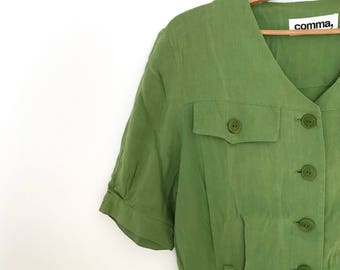 Vintage market dress / french button down midi dress / green linen belted dress / vintage minimalist dress / short sleeve / xs / s / 1980s