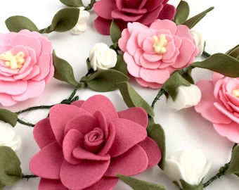 Boho pink felt flower garland - felt flowers - flower garland wall hanging - Pink and Dusty Rose