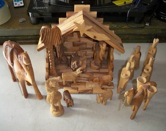 Vintage 1970's 13 Piece Carved Wood Nativity Scene