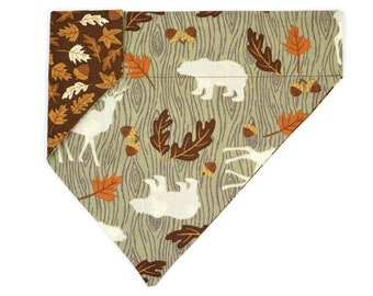 Fall Dog Bandana – Bears & Deer-Woodland Animals-Fall Leaves-Acorns-Bark–Reversible–Slides on Collar