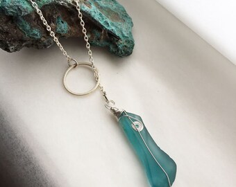 Teal bonfire seaglass and silver plated wire (can be remade with sterling silver) and claps.