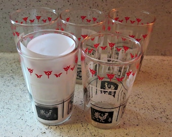 SEVEN Swanky Swig Glasses/Red and Black Glasses/Hazel Atlas/Vintage Juice Glasses