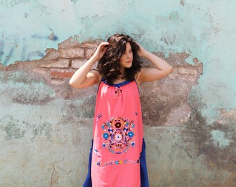 Large to XL Coral peach and cobalt blue and multi colored One of a kind Hand Embroidered Mexican Spaghetti strapped dress