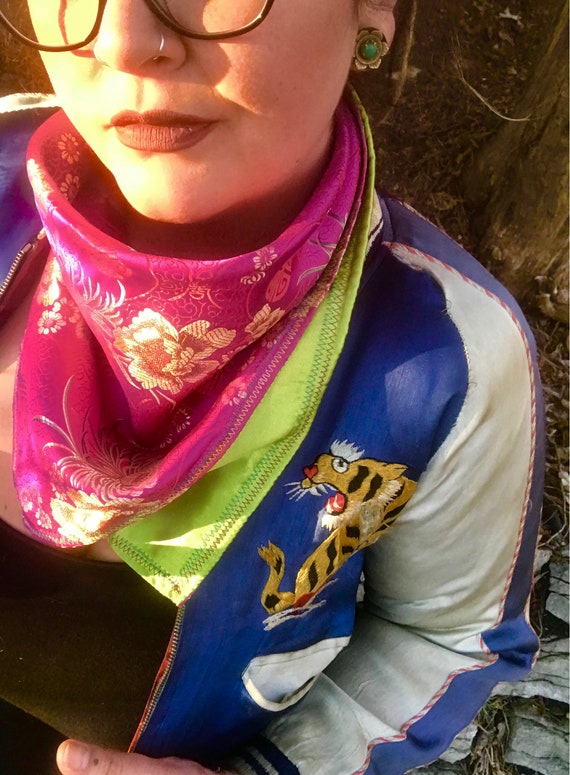 READY TO SHIP-Hot Pink/Red/Gold Imported Silk Brocade-Snapback Bandana-Lime Green Satin Liner-Bandana-Scarf-Fancy Neck Swag