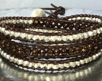Sterling Silver Nuggets & Hematine Leather Wrap Bracelet