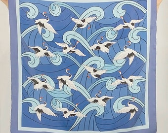 100% pure silk satin scarf,classic Chinese style square scarf,navy,blue, red-crowned crane, printed designer scarf