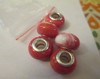 5 Red Swirled Euro Beads Craft Supplies
