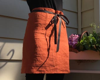 Linen half apron. Linen cafe apron. Eco - friendly linen midi apron. Washed softened handmade linen apron. Orange linen apron.