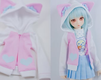 Slim MSD or SD BJD hoodie - Pink and White with Cat Ears Hoodie Jacket