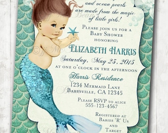 Mermaid Baby Shower Invitation Little Mermaid Ocean Baby Shower Under The Sea Aqua Seafoam Green - DIY Printable