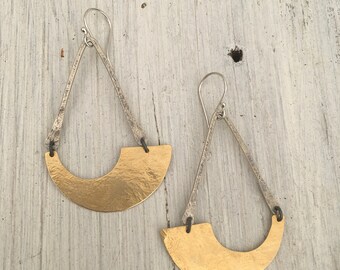 brass and silver geometric earrings ~ long and lightweight earrings