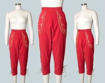 Vintage 1950s Capris | 50s Red Corduroy Gold Lace Up Pedal Pushers Matador High Waisted Pants (x-small/small)
